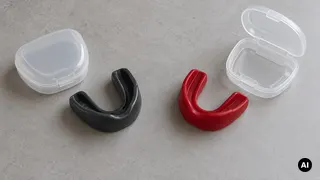 Dois protetores bucais genéricos, preto e vermelho, junto a caixas transparentes numa superfície clara