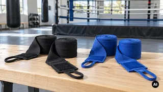 Dois pares de ligaduras genéricas, pretas e azuis, parcialmente enroladas numa bancada junto de um ringue vazio