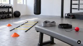 Cones baixos, escada de agilidade, elástico e diadema com bola genéricos separados num espaço de treino