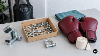 Corrente numa caixa, manilha e abraçadeira separadas de luvas, ligadura e pano numa mesa, com saco genérico ao fundo