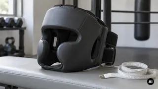 Capacete de boxe genérico com fechos traseiros e fita métrica numa bancada clara