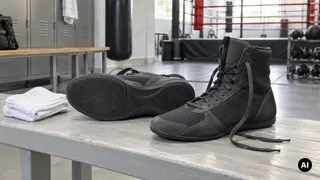 Par de sapatilhas de boxe genéricas abertas numa bancada, com a sola e o fecho visíveis