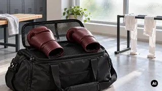 Luvas genéricas cor de vinho separadas sobre um saco de treino aberto, com ligaduras brancas num suporte ao lado