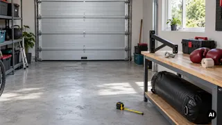 Garagem com chão desimpedido e porta seccionada, ferragens separadas numa bancada e saco genérico numa prateleira inferior