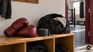 Par de luvas cor de vinho, ligadura e saco de desporto junto à entrada de uma sala de boxe
