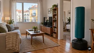 Saco de pé genérico com base larga numa sala de apartamento com sofá, mobiliário e passagem para outra divisão