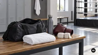 Saco de desporto aberto, toalha, garrafa, luvas e ligaduras num banco de ginásio antes de uma aula