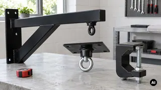 Braço de parede, placa de suspensão e abraçadeira de viga separados numa bancada