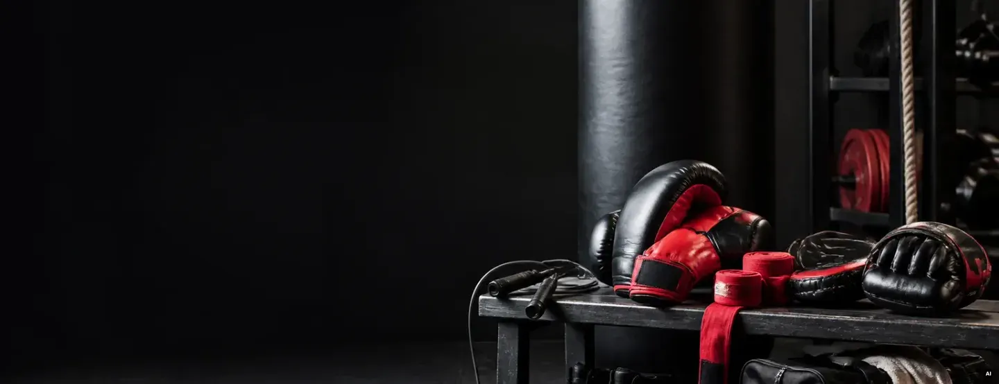 Equipamento de boxe num espaço de treino com saco, luvas, ligaduras e manoplas