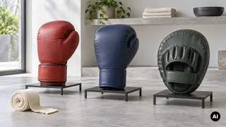 Luvas vermelha e azul em suportes separados, com uma manopla verde vista pela bolsa da mão e uma ligadura clara