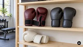 Luvas cor de vinho com fecho aberto, luvas pretas e luva clara numa estante de treino
