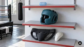 Estojo fechado azul, capacete verde e suporte preto com concha clara separados em três prateleiras de um clube vazio