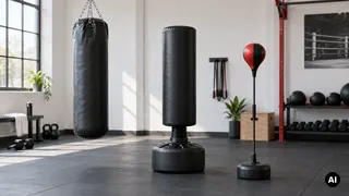 Saco suspenso, saco com base e alvo de reflexos separados numa sala de treino
