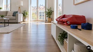 Sala com chão livre e corpo insuflável vermelho dobrado, fita métrica azul e ligadura num móvel baixo